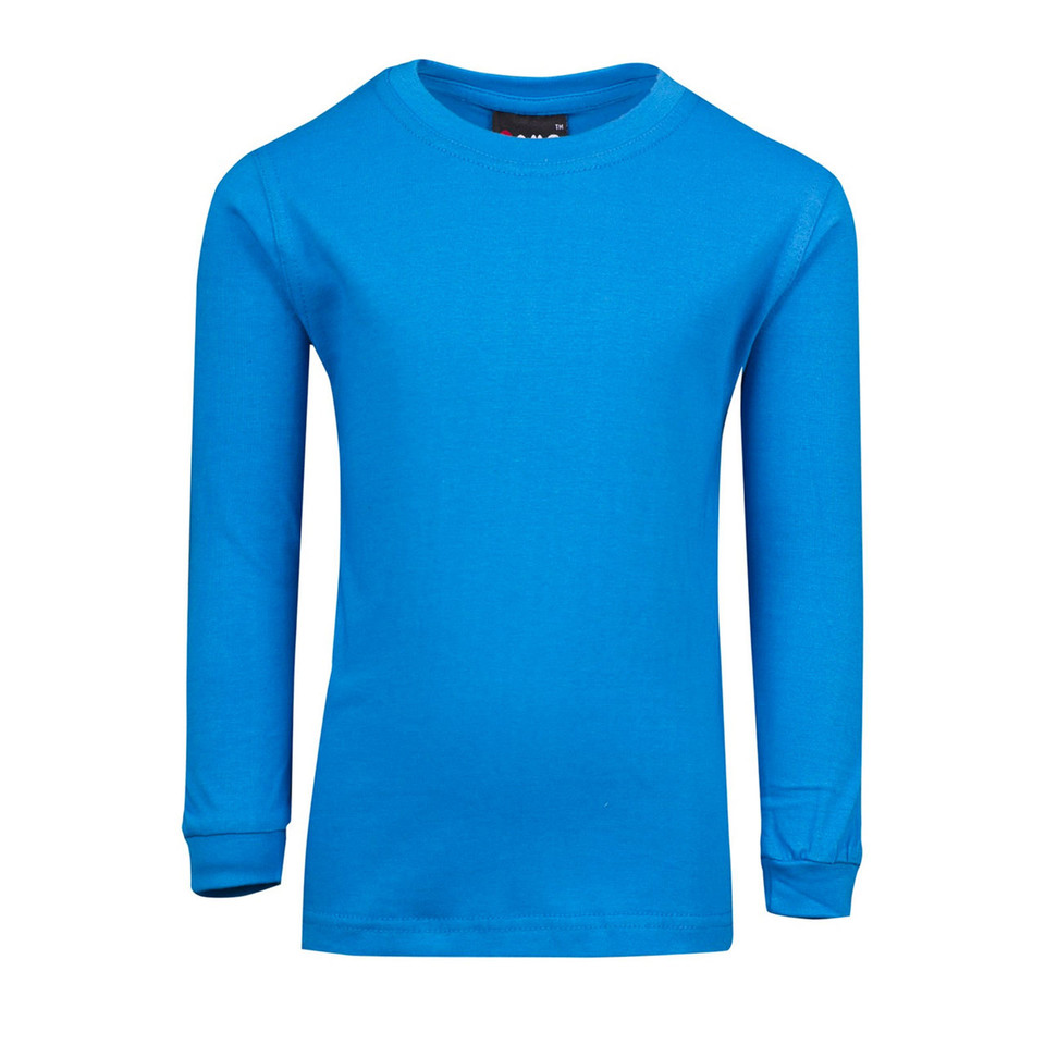 Azure blue long sleeve crew neck tee with ribbed cuffs and smooth front panel ideal for decoration