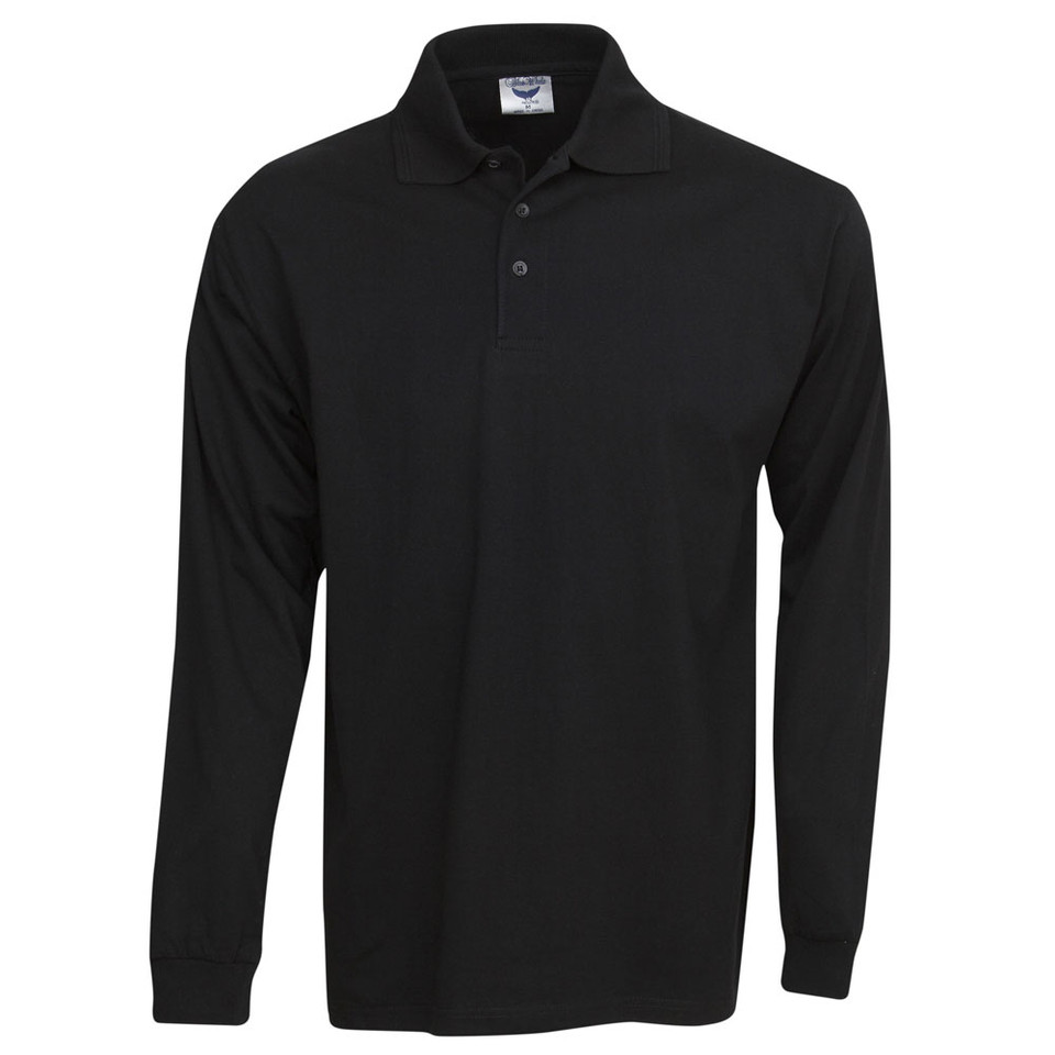 Black long sleeve polo shirt with collar and three-button placket in plain jersey knit