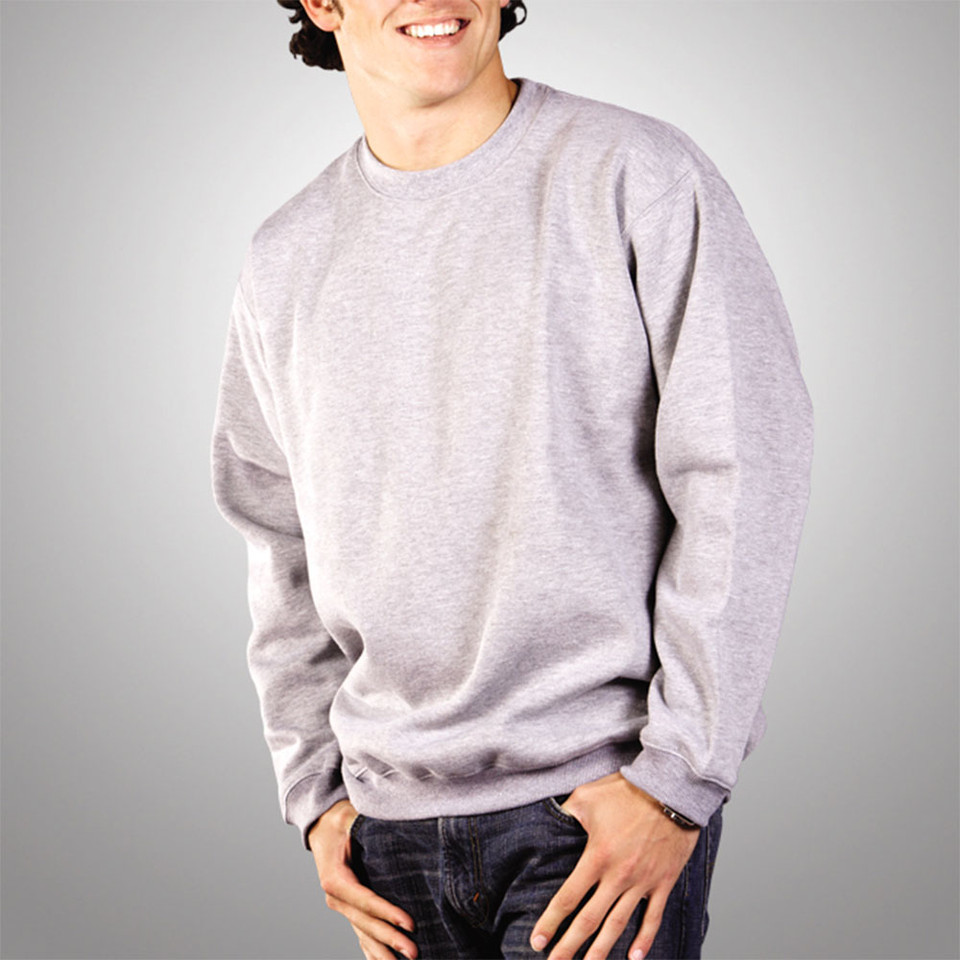 Light grey marle crew neck sweater with long sleeves and ribbed cuffs and hem