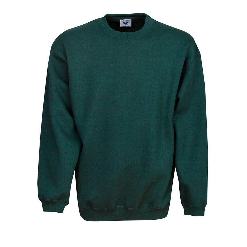 Forest green crew neck fleece sweater with ribbed cuffs and hem on plain background