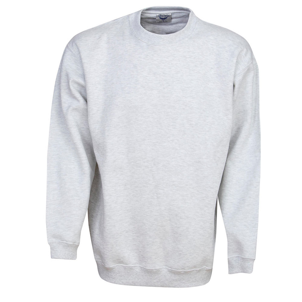 Light grey marle crew neck sloppy joe with ribbed cuffs and hem featuring smooth flat front panel