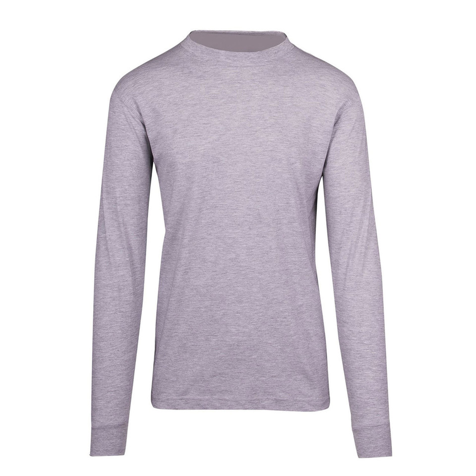 Light grey marle men's long sleeve crew neck tee, flat lay, smooth fabric with ribbed cuffs and clean front panel