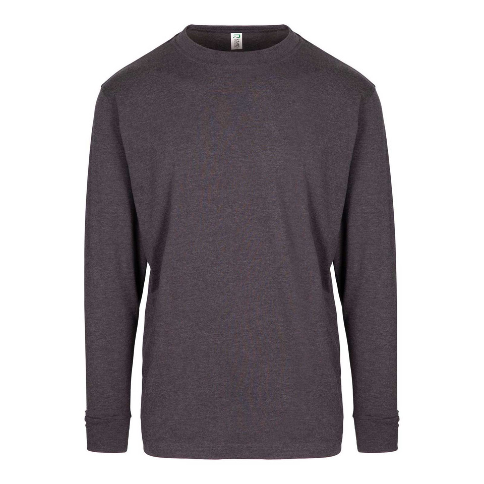 Charcoal marle men's long sleeve crew neck tee, flat lay showing smooth front panel and ribbed cuffs