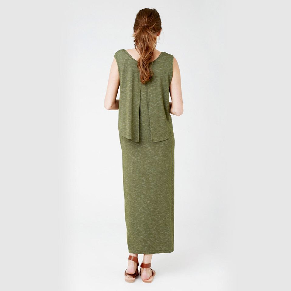 Back view of olive green maxi dress with relaxed swing panel detail and sleeveless design