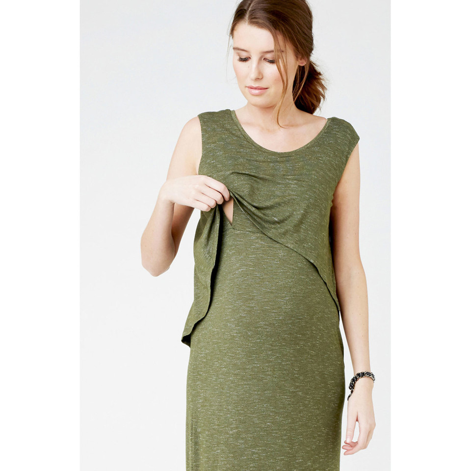 Model wearing olive marle sleeveless maxi dress with layered nursing panel at front bodice