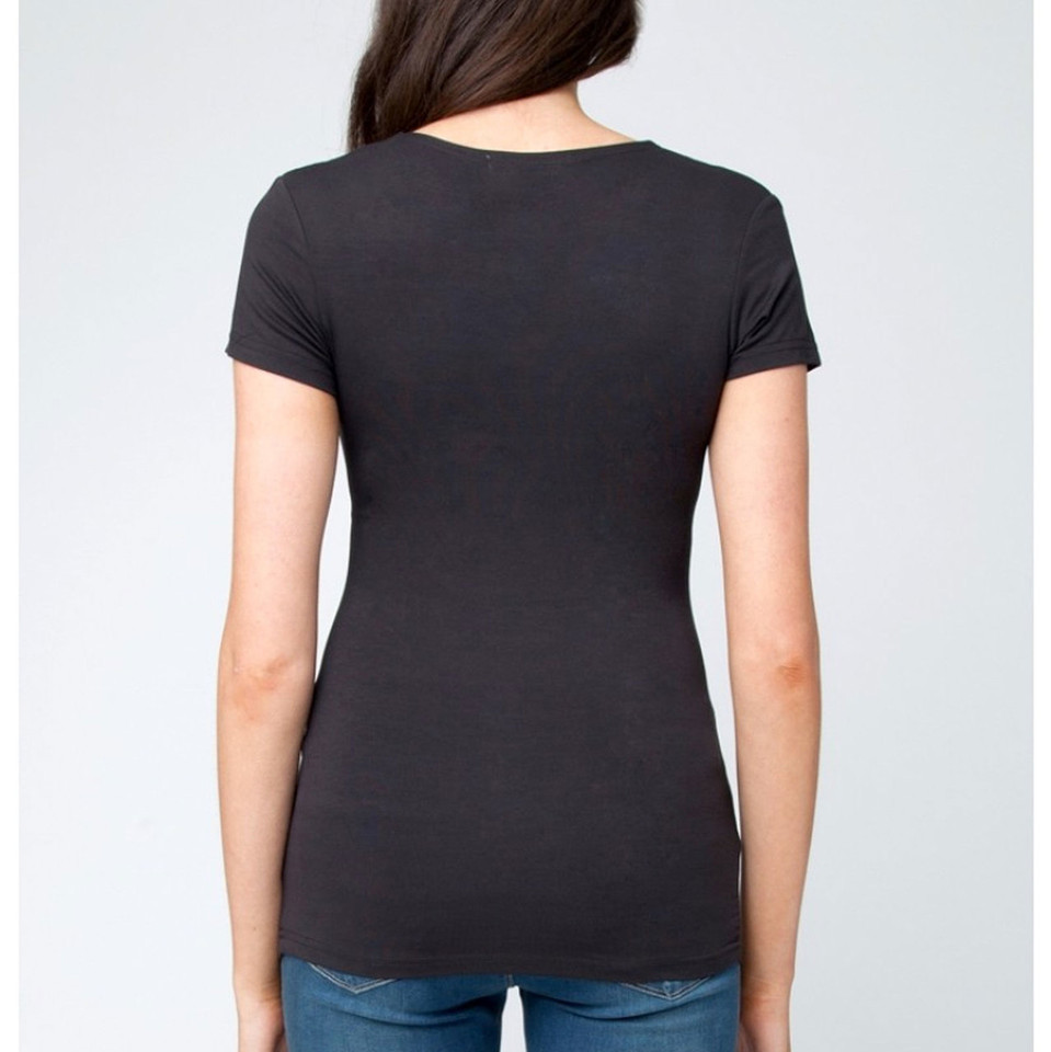 Back view of charcoal grey nursing tee with short sleeves and fitted silhouette