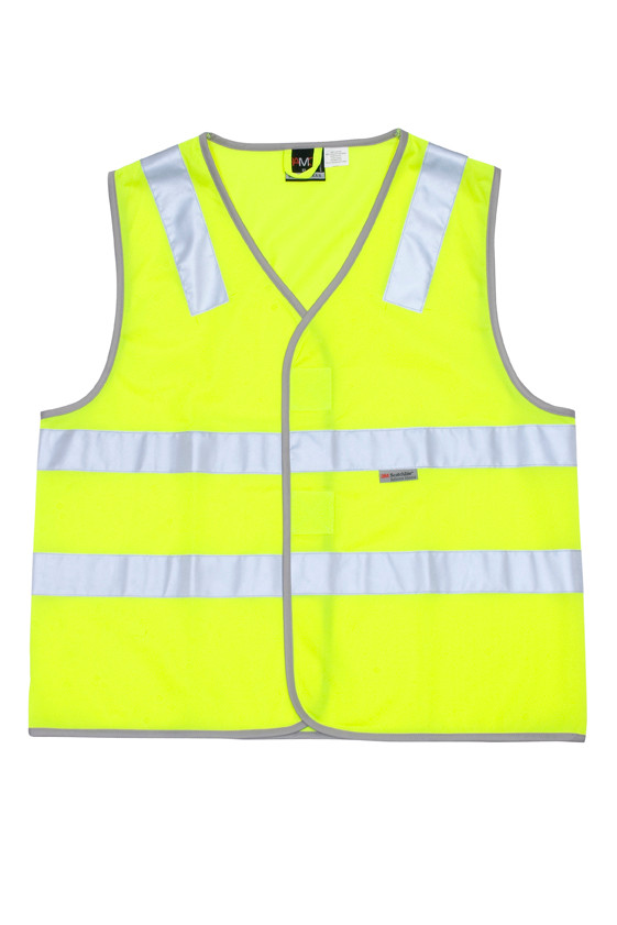 Hi-vis yellow safety vest with 3M reflective tape panels and grey piping trim