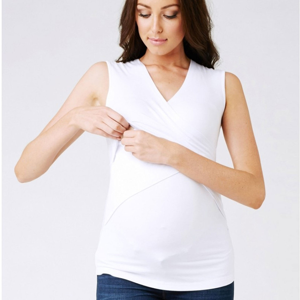 White sleeveless v-neck maternity tank with crossover nursing access panel