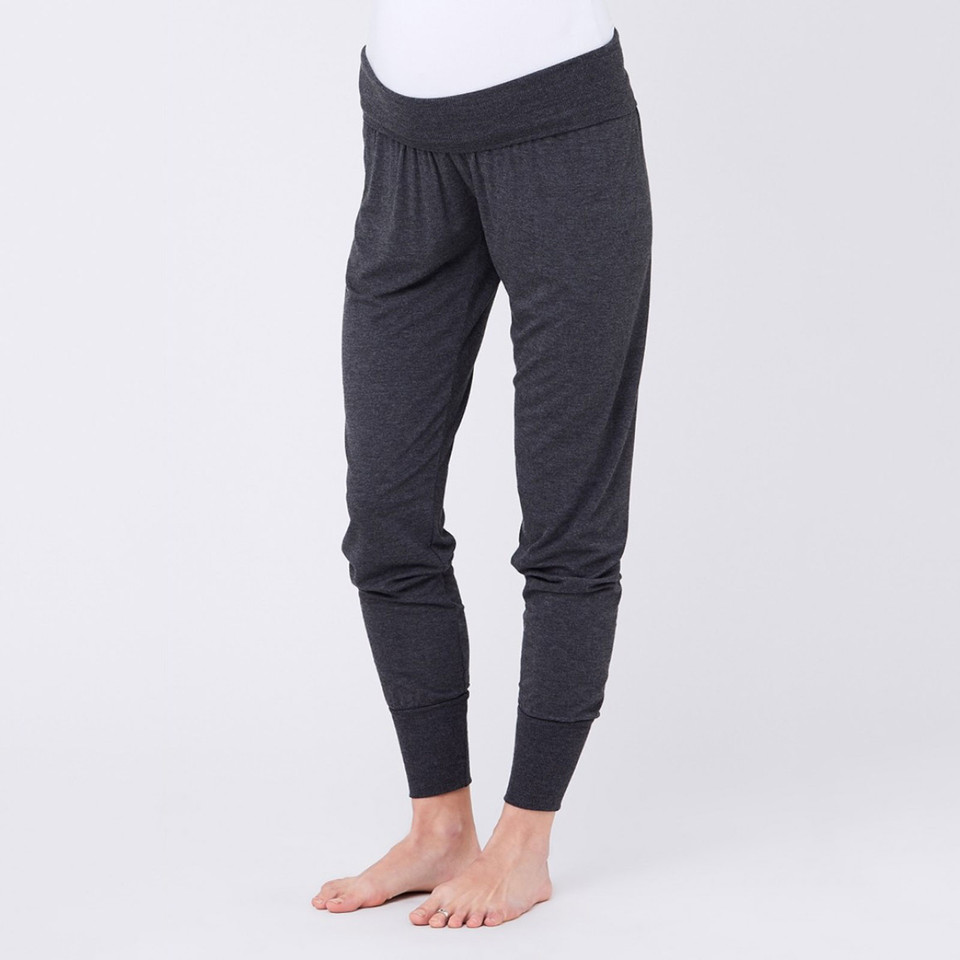 Charcoal marle maternity lounge pants with fold-over waistband and ribbed cuffed ankles on model