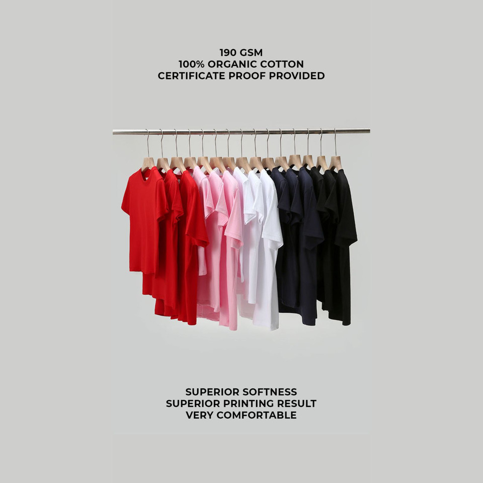 Organic cotton slim fit t-shirts hanging on rack in red, pink, white, navy and black colourways