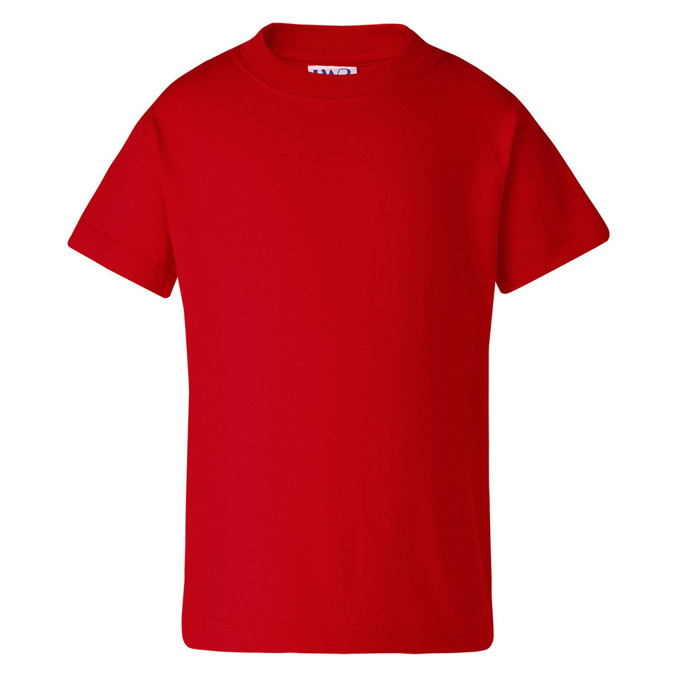 Bright red crew neck t-shirt with short sleeves and smooth cotton finish laid flat on white background