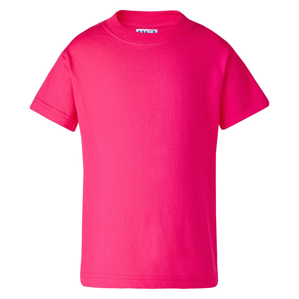 Hot pink unisex crew neck short sleeve tee with smooth front panel and ribbed collar