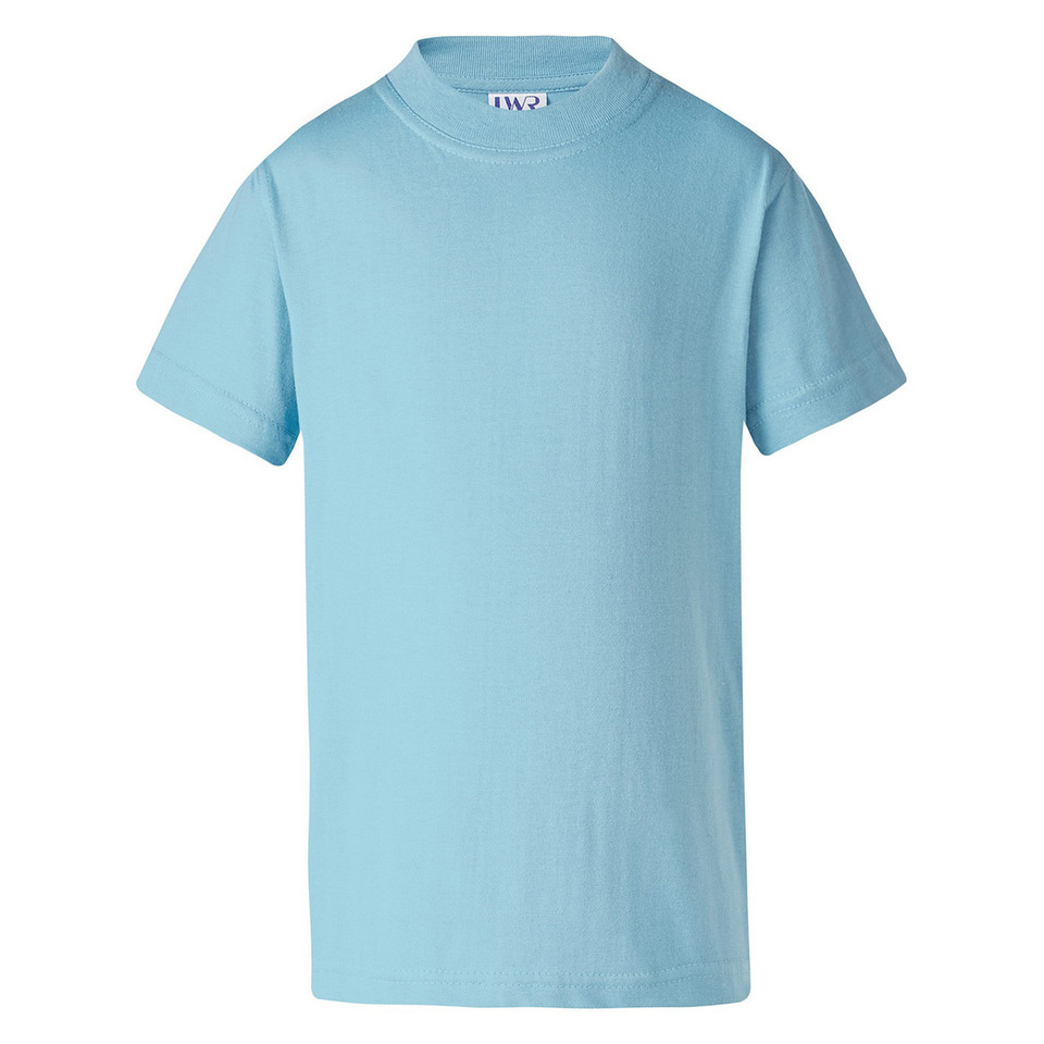 Light blue unisex crew neck t-shirt with short sleeves and smooth flat front panel