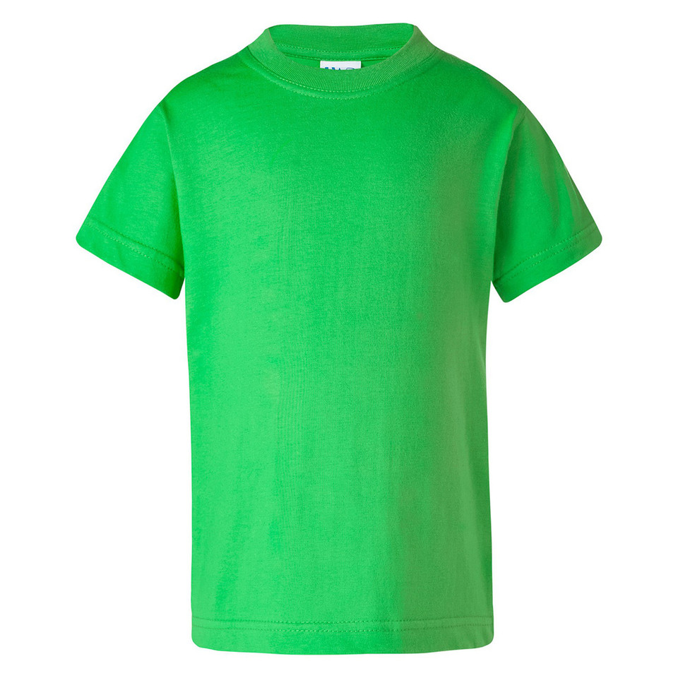 Apple green kids crew neck short sleeve t-shirt with smooth chest panel, ghost mannequin packshot