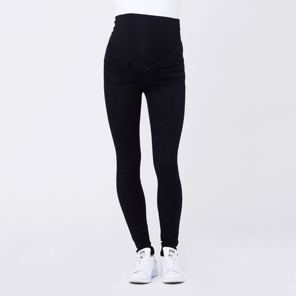 Black maternity jeggings with high stretch waistband panel and skinny leg fit