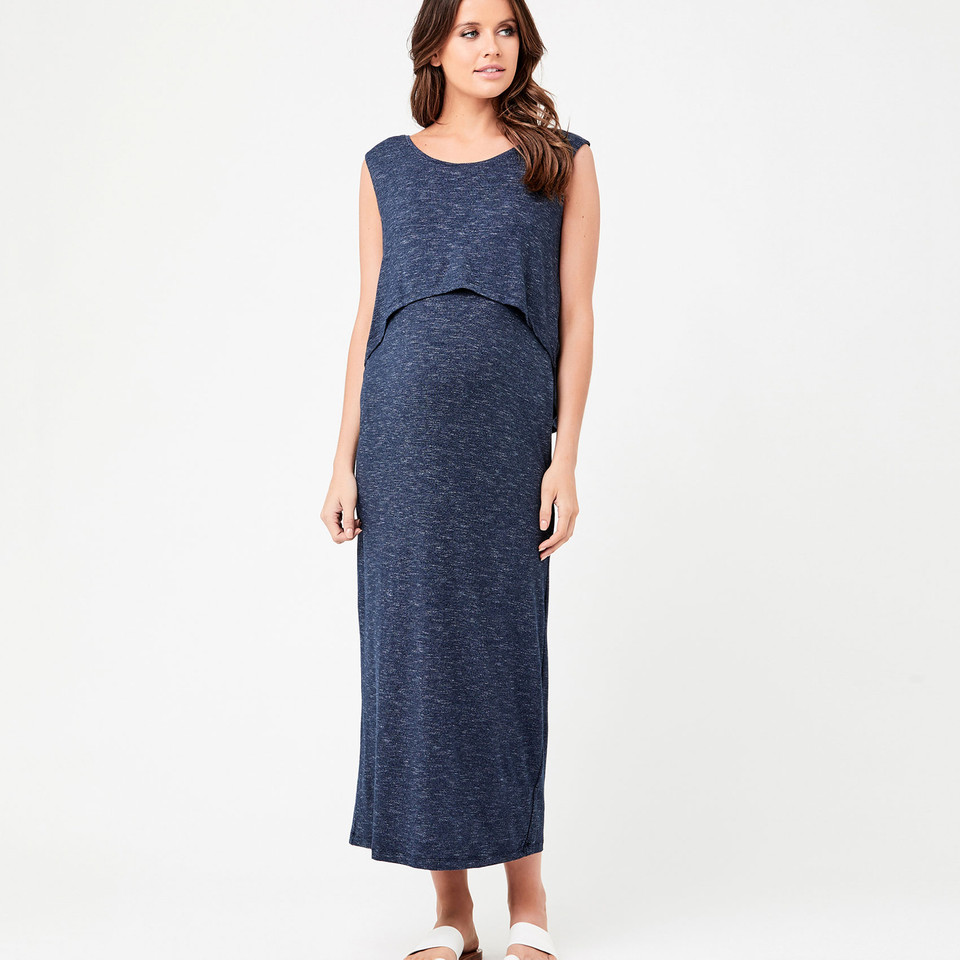 Model wearing navy marl sleeveless maxi dress with layered overlay panel and scoop neckline