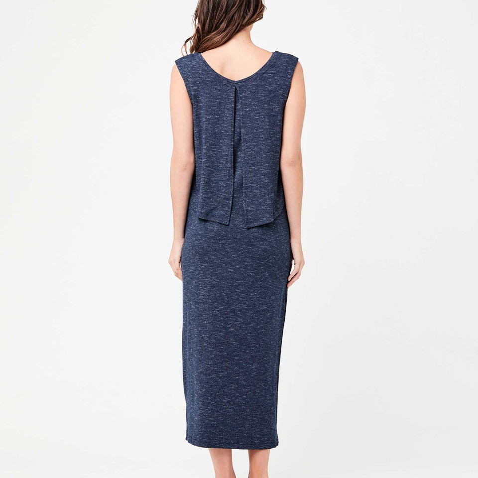 Model wearing navy marl sleeveless maxi dress with layered swing back panel and button detail