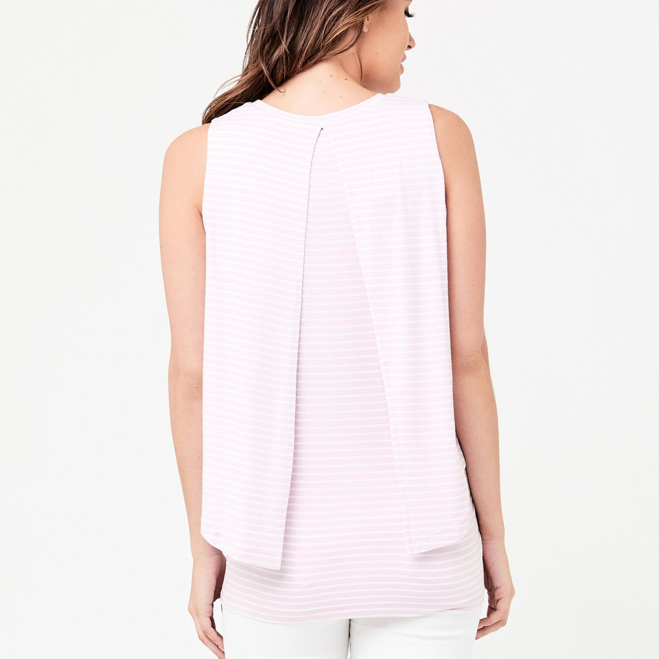 Model wearing lilac striped sleeveless nursing tank with draped open swing panel at back