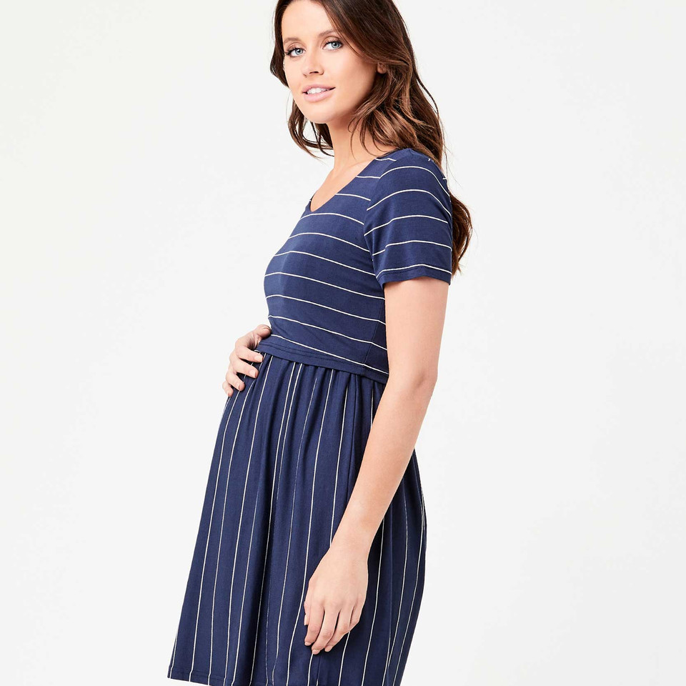 Navy blue maternity nursing dress with white pinstripe pattern and short sleeves