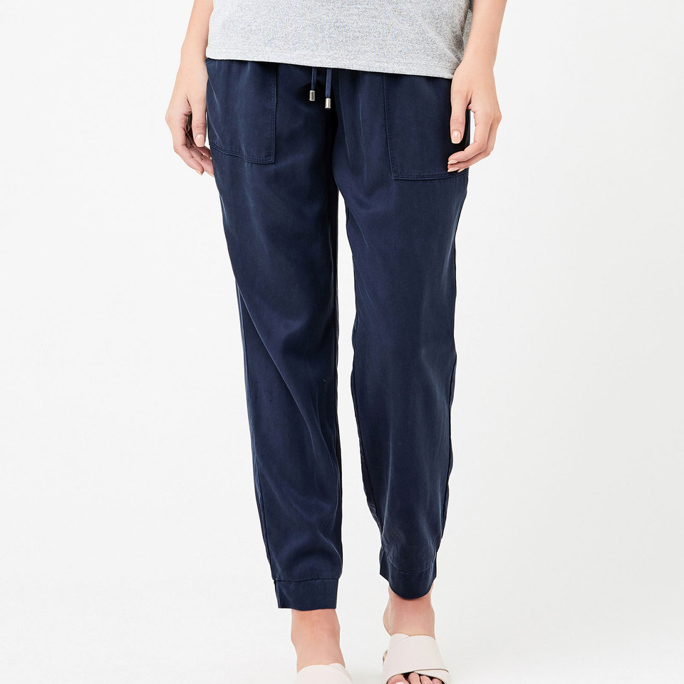 Navy Tencel jogger pants with drawstring waist, front pockets and elasticated cuffs