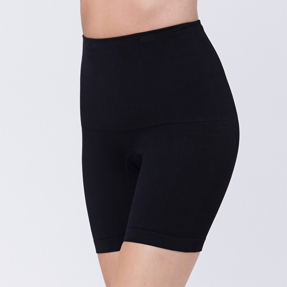 Black seamless high-waisted compression shorts with smooth finish and mid-thigh length