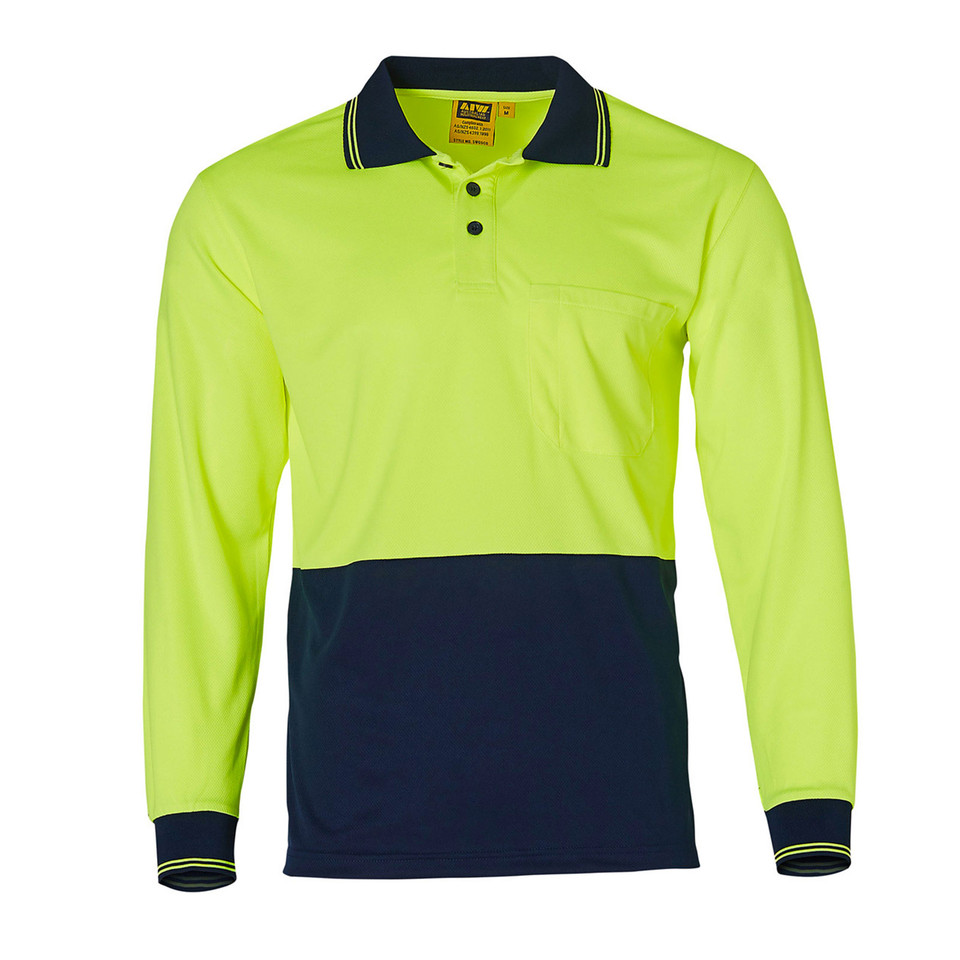 Yellow+Navy GRANT long sleeve Hi-Vis safety polo shirt with TrueDry moisture-wicking fabric and UPF 50+ UV protection, compliant for day use industrial workwear.