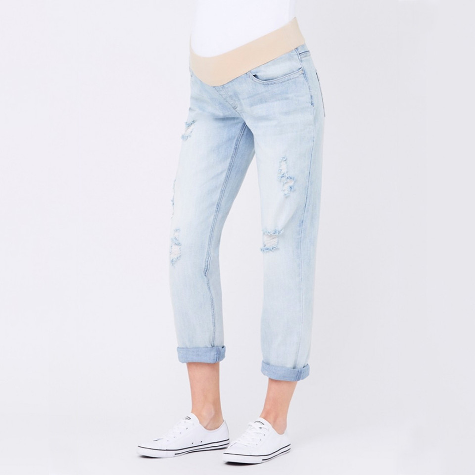 Light blue distressed maternity boyfriend jeans with rolled cuffs and elasticated waistband panel