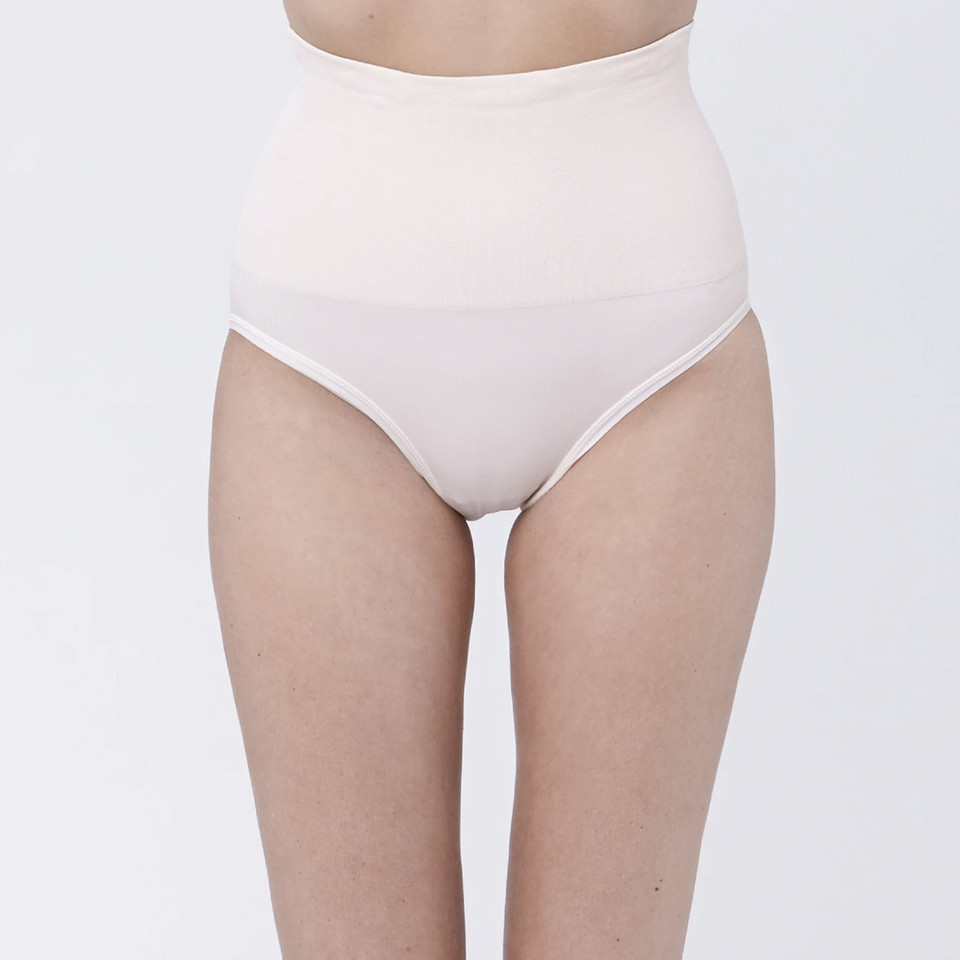 Pale pink high-waisted maternity compression briefs with wide elasticated waistband and full coverage design
