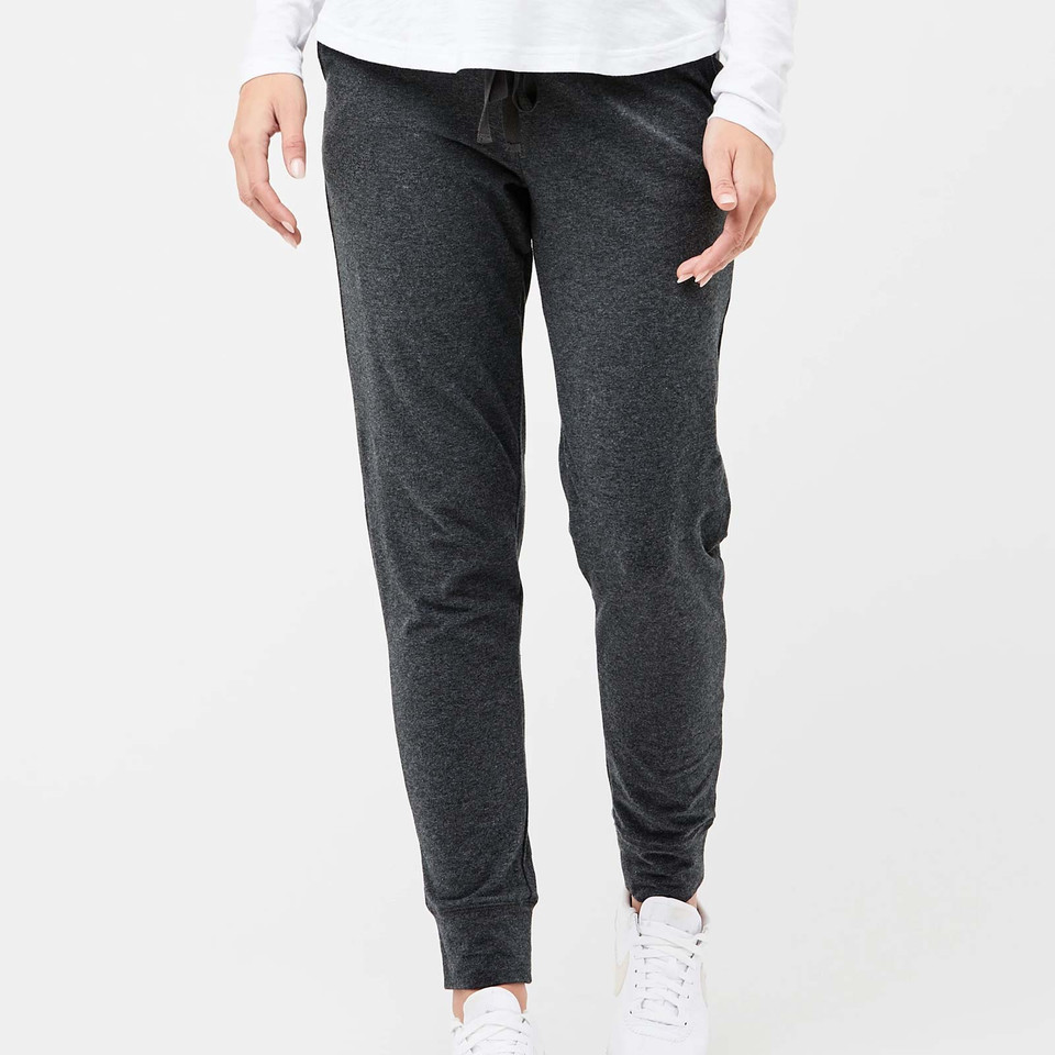 Charcoal marle maternity joggers with drawstring waist and ribbed cuffs, worn by model