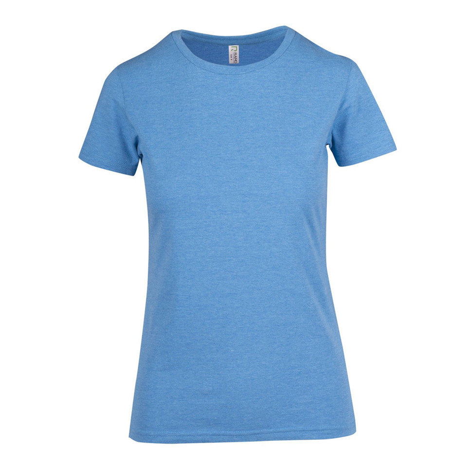 Womens slim fit crew neck tee in heather sky blue, short sleeves, smooth flat front panel