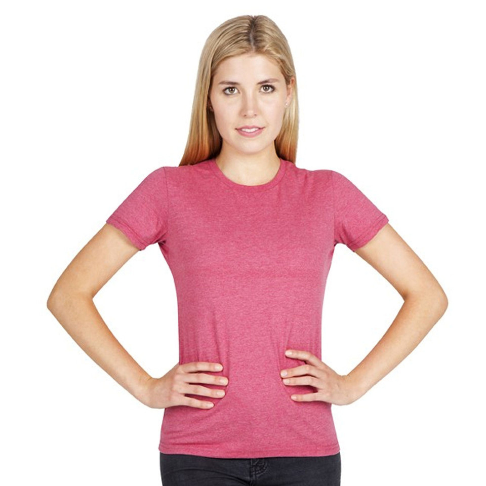 Woman wearing a heather raspberry slim fit crew neck tee with short sleeves and fitted silhouette
