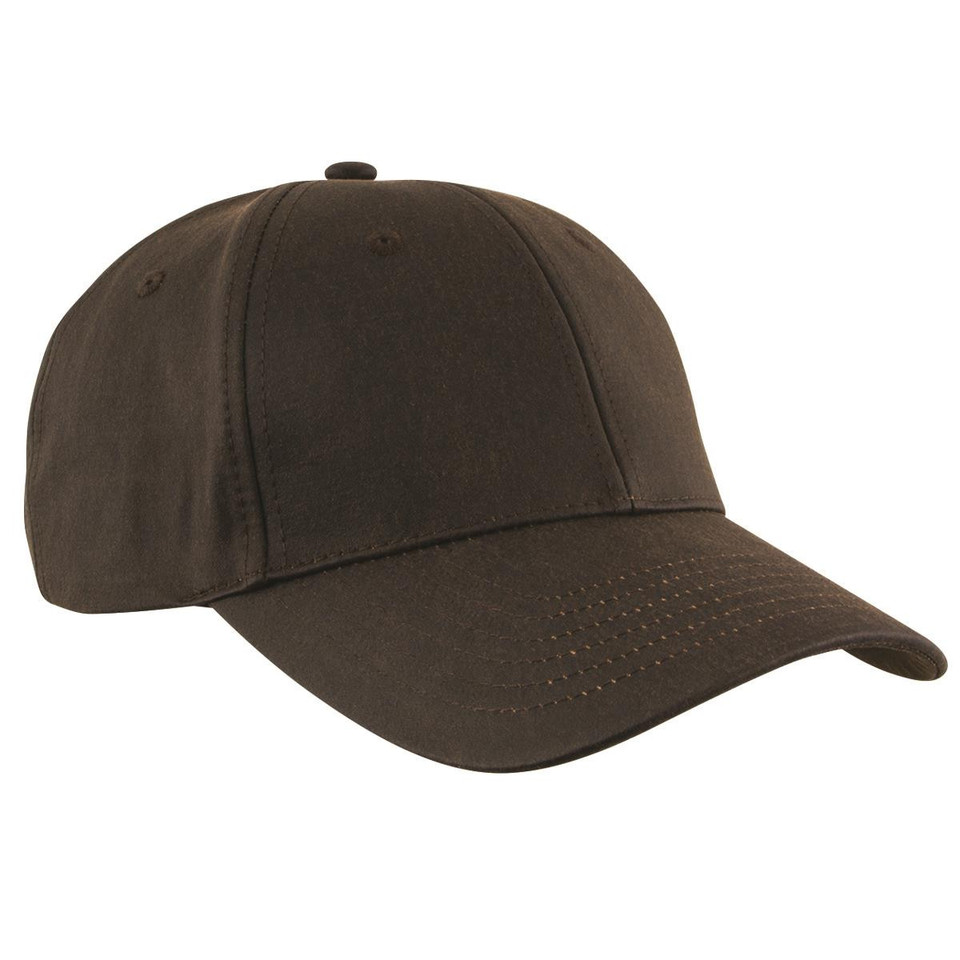 Chocolate brown oilskin-look baseball cap with structured six-panel crown and curved peak featuring perforated detailing