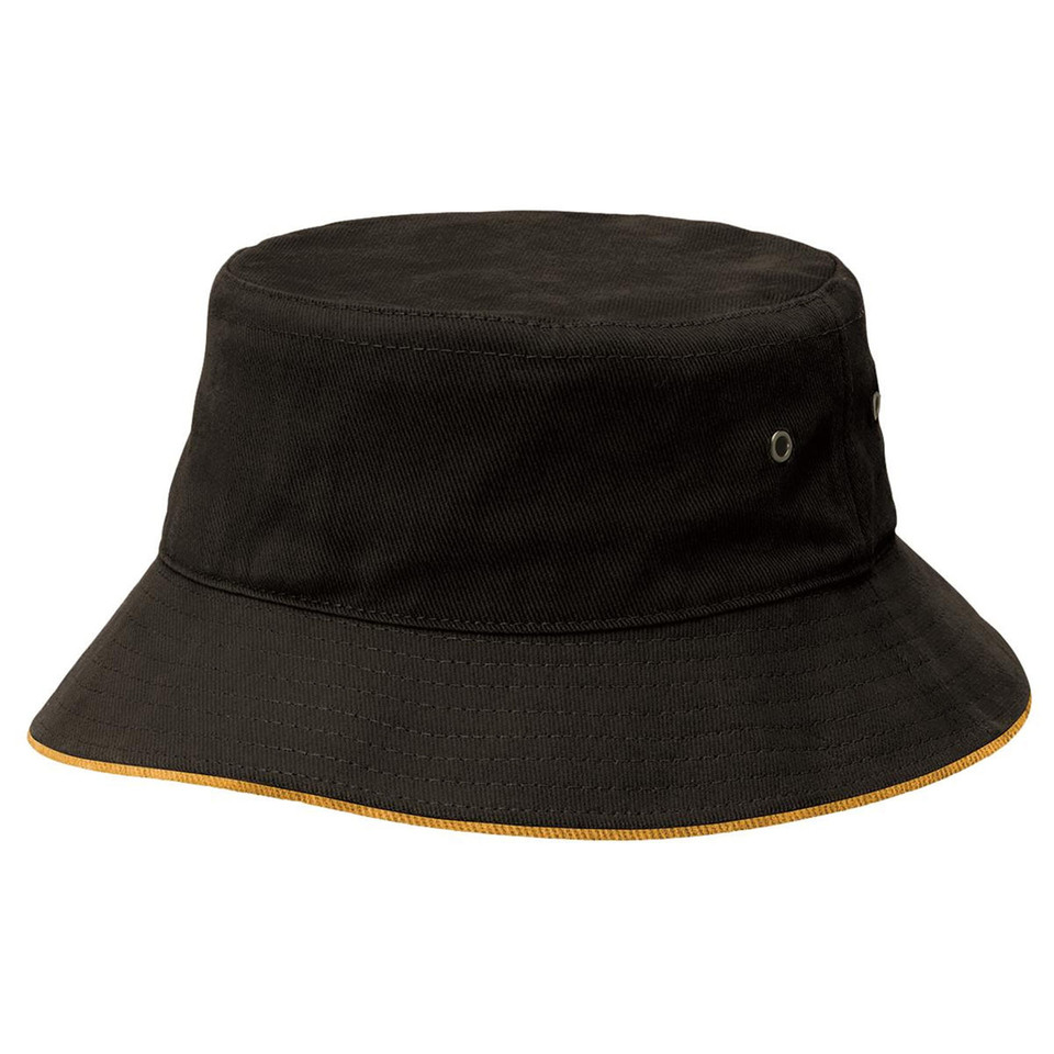 Black bucket hat with gold contrast sandwich brim and eyelet ventilation