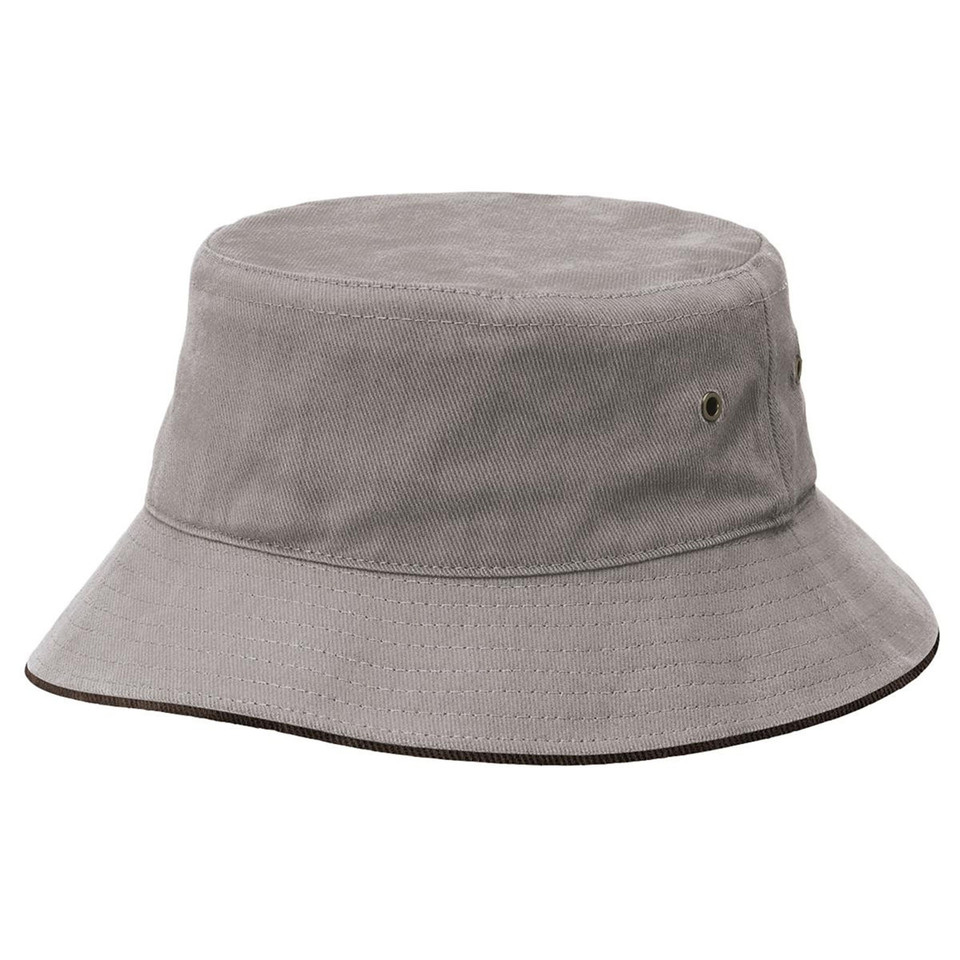 Grey heavy cotton bucket hat with contrasting dark sandwich brim and metal eyelet