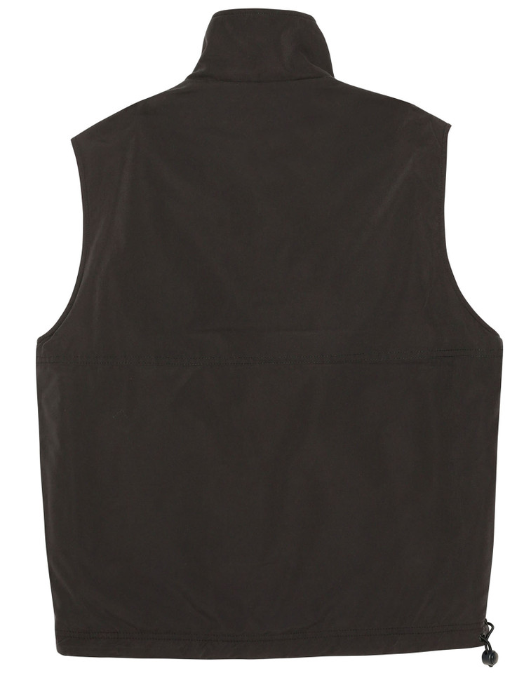 Black reversible polar fleece vest with high collar and adjustable hem drawcord, rear view