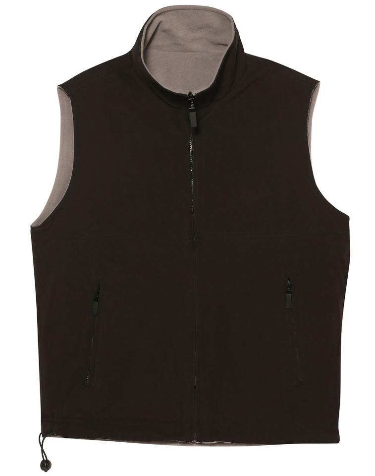 Black and grey reversible polar fleece vest with full zip front, stand collar, and side pockets