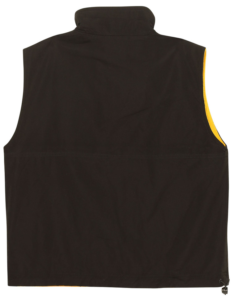 Black polar fleece reversible vest with gold contrast side panels and high collar