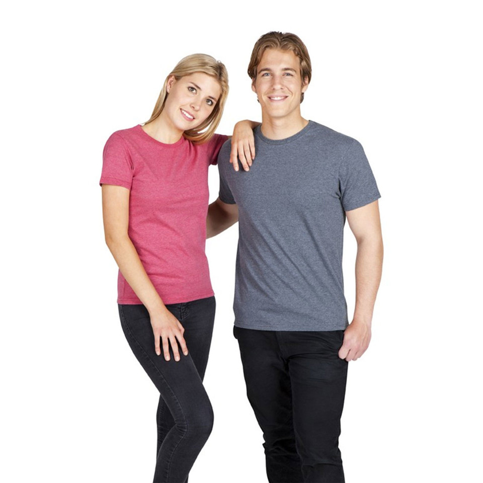 Man and woman wearing marle crew neck tees in charcoal and raspberry, modern fitted silhouette