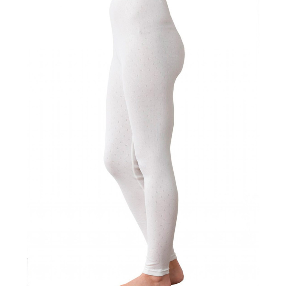 White pointelle thermal leggings with textured knit pattern and fitted ankle-length design