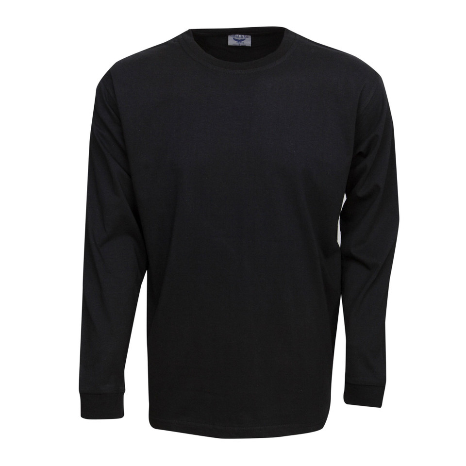 Black long sleeve cotton t-shirt with crew neck and smooth flat front panel for decoration