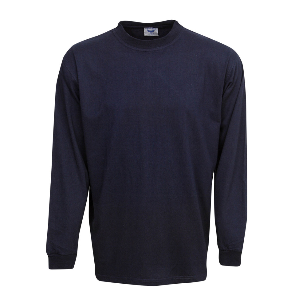 Navy long sleeve cotton t-shirt with crew neck and ribbed cuffs, front view on white background