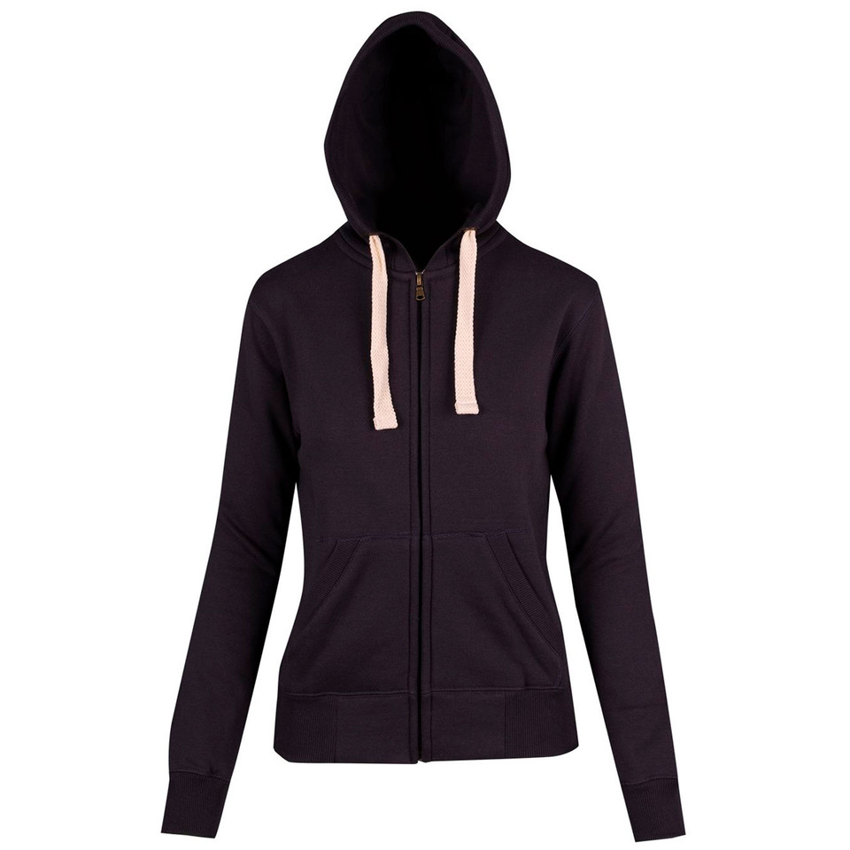 Deep navy zip-up hoodie with contrast natural drawcords and front pockets