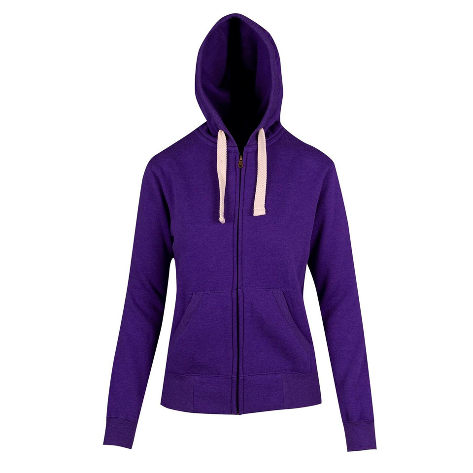 Purple zip-up fleece hoodie with contrast natural drawcords and kangaroo pocket