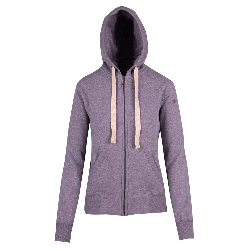 Heather purple zip-up fleece hoodie with contrast cream drawcords and kangaroo pockets