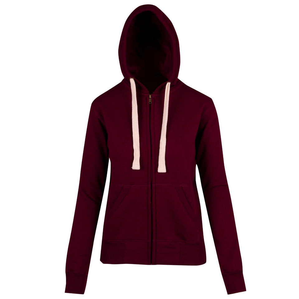 Burgundy zip-up fleece hoodie with contrast natural drawcords and full-length zipper