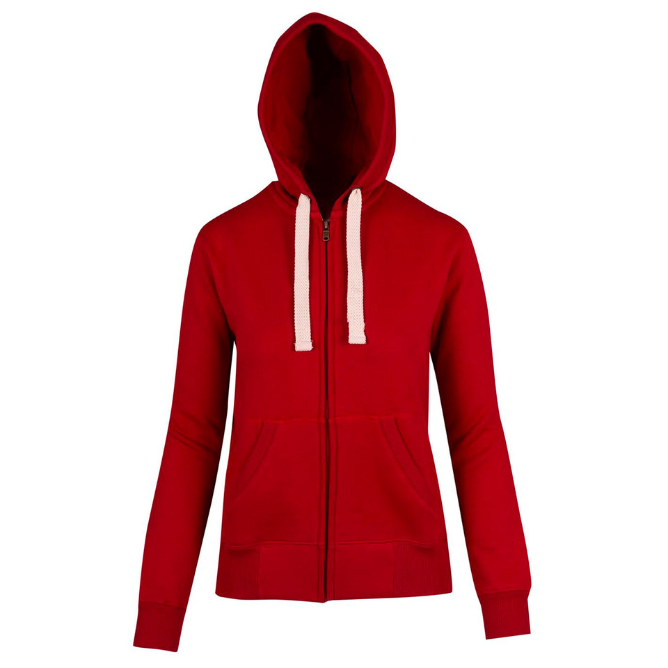 Red zip-up hoodie with white contrast drawstrings and front kangaroo pocket