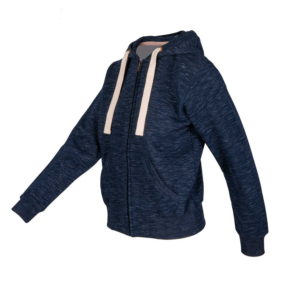 Navy marle zip-through fleece hoodie with cream drawcords, front pockets and ribbed cuffs