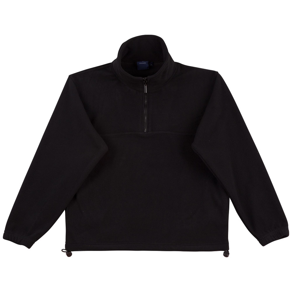 Black polar fleece half-zip pullover with stand collar and adjustable hem toggles