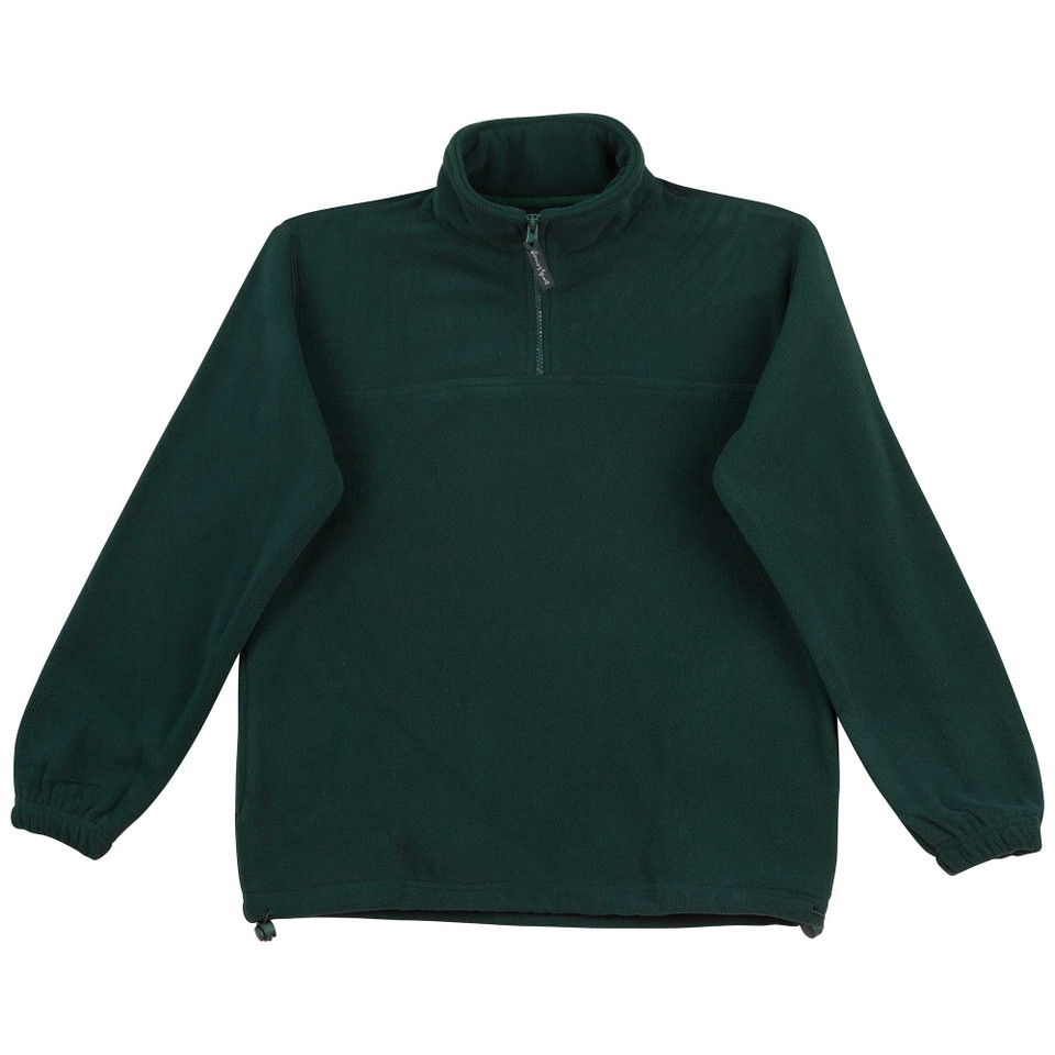Dark forest green half zip polar fleece pullover with stand collar and elastic cuffs