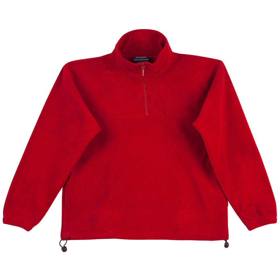 Red polar fleece half-zip pullover with adjustable hem cord and stand collar for decoration